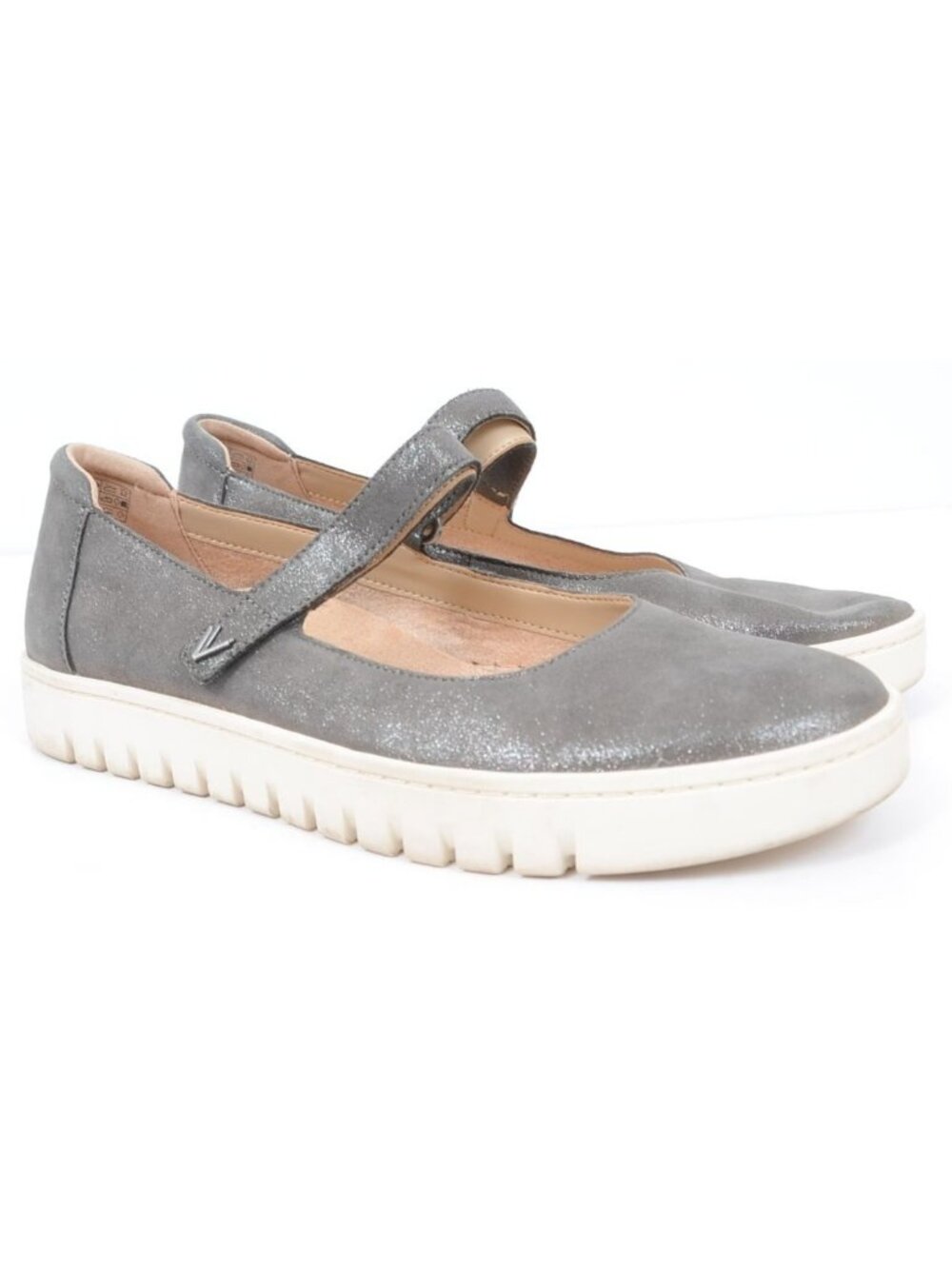Vionic Uptown Women 8 WIDE Grey Metallic Leather Mary Jane Slip-On Hook & Loop